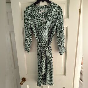 Boden Green and White Wrap Dress with Cuffed 3/4 Sleeves